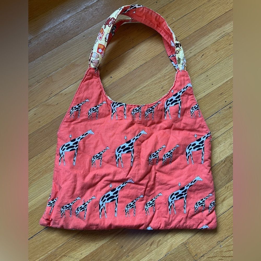 Handmade quilted orange giraffe yellow sushi Japanese bag purse sac reversible